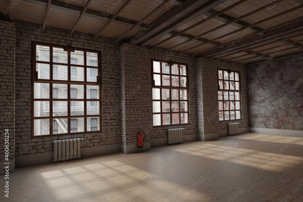 3d rendering of empty studio loft with white grunge bricks walls 3d rendering of empty studio loft with white grunge bricks walls
