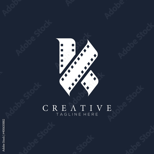 Elegant white letter K logo for strip film vector illustration and black background