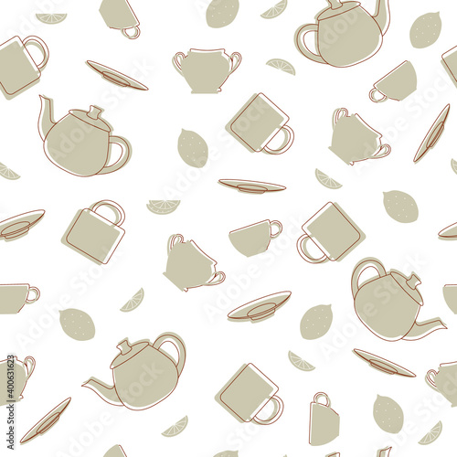 Seamless pattern with kettles and cups silhouettes