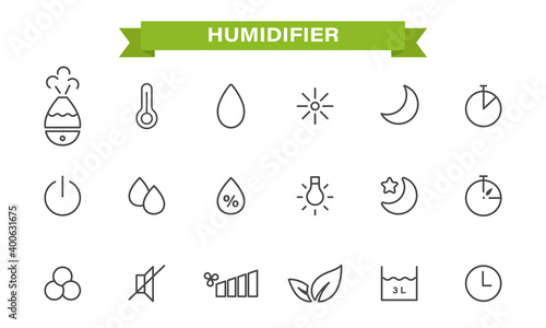 Icons set on the theme of the humidifier. linear style. humidifier, air humidity, timer, temperature, backlight,silent mode, night mode, capacity size. isolated on white background.Vector illustration