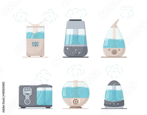 A set of steam ultrasonic humidifiers of different shapes. Household appliances for the home. A mist generator. vector illustrations in flat style. isolated on a white background.