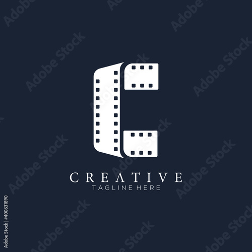 Elegant white letter C logo for strip film vector illustration and black background