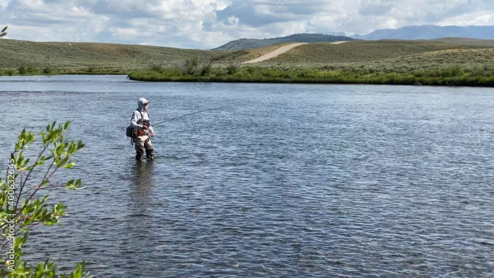 Man fly fishing on the Green River in Wyoming near Pinedale. Casting flies, wading in the river on a summer day. Man fly fishing on the Green River in Wyoming near Pinedale. Casting flies, wading in the river on a summer day.