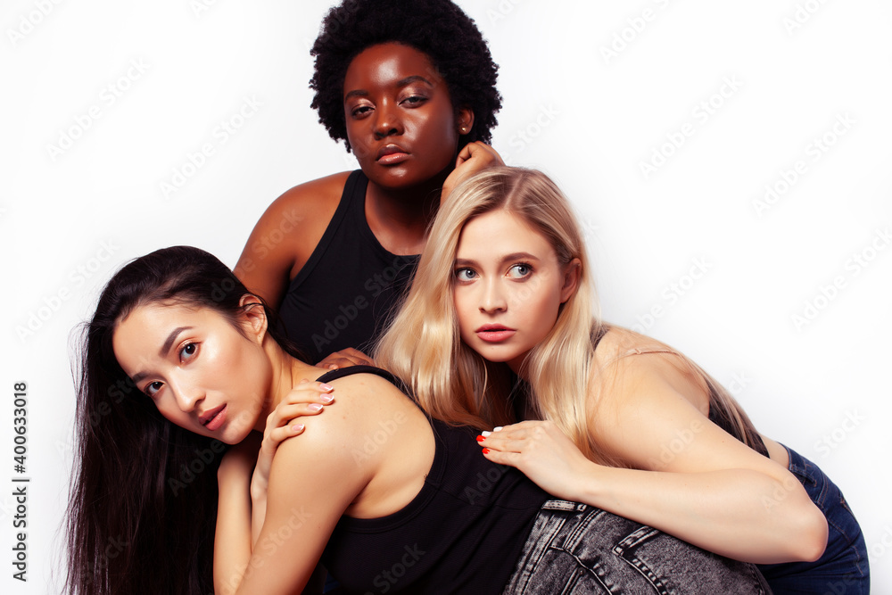 Fototapeta premium diverse multi nation girls group, teenage friends company cheerful having fun, happy smiling, cute posing isolated on white background, lifestyle people concept, african-american, asian and caucasian