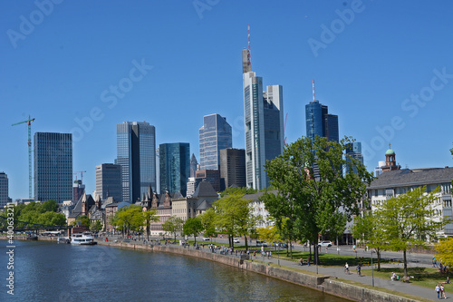 View on Frankfurts Skyline  seen from a bridge over the river Main