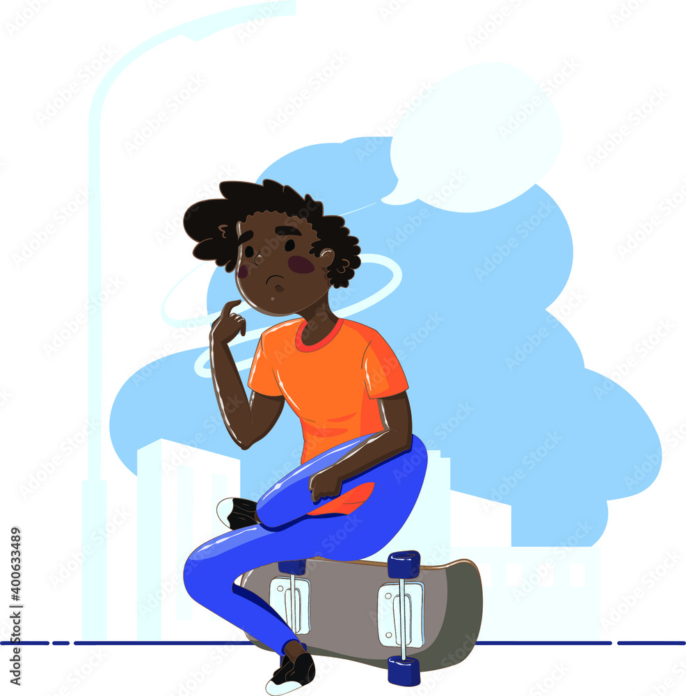 Fototapeta premium Boy sit on skateboard. Thinking young man