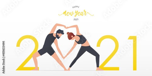 Happy New Year 2021 banner with yoga poses or asana posture. Year of good health. Banner design template for New Year 2021 decoration in Yoga Concept. 