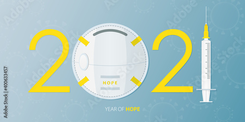 Happy New Year 2021 banner with Covid-19 Vaccine, Virus and Face Mask. Year of hope. Banner design template for New Year 2021 decoration in Covid-19 Vaccine Concept.