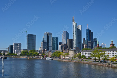 View on Frankfurts Skyline, seen from a bridge over the river Main