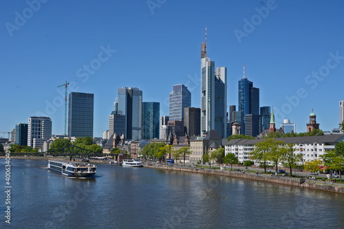 View on Frankfurts Skyline, seen from a bridge over the river Main