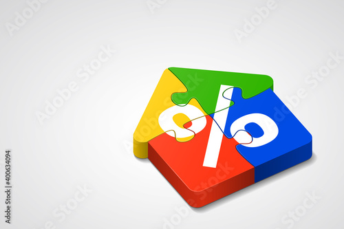 Jigsaw puzzles are combined in house icon with percent sign inside
