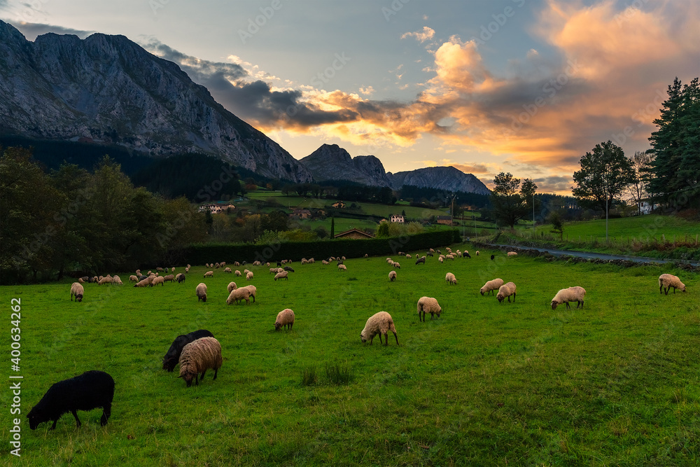 scene of a sunset in the valley of Axpe, Basque Country