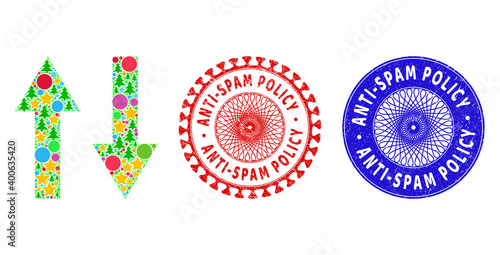 Vertical flip arrows collage of New Year symbols, such as stars, fir trees, color round items, and ANTI-SPAM POLICY dirty stamp seals. Vector ANTI-SPAM POLICY stamp seals uses guilloche ornament,