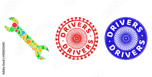 Wrench mosaic of New Year symbols, such as stars, fir-trees, colored round items, and DRIVERS rough stamp seals. Vector DRIVERS stamp seals uses guilloche ornament, designed in red and blue variants.