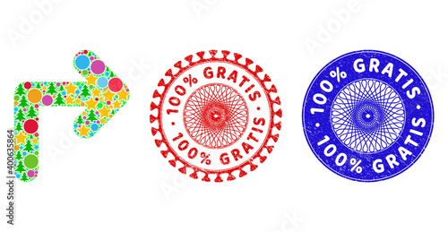 Turn right mosaic of New Year symbols, such as stars, fir-trees, colored round items, and 100% GRATIS scratched stamps. Vector 100% GRATIS stamps uses guilloche pattern,