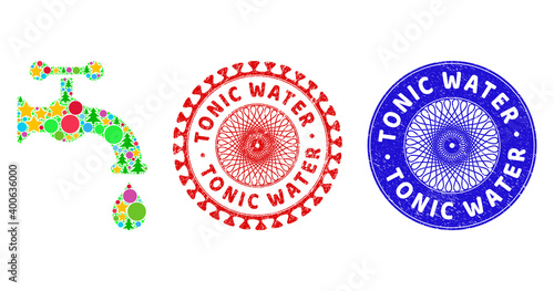 Water tap composition of Christmas symbols, such as stars, fir-trees, colored balls, and TONIC WATER rubber stamps. Vector TONIC WATER stamps uses guilloche ornament,