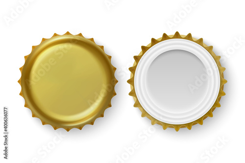 Vector 3d Realistic Metal Golden Blank Beer Bottle Cap Icon Set Closeup Isolated on White Background. Design Template for Mock up, Package, Advertising. Top and Bottom View
