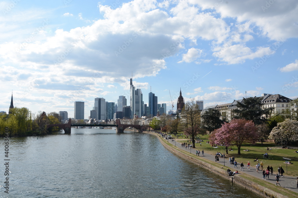 View on Frankfurts Skyline, seen from a bridge over the river Main View on Frankfurts Skyline, seen from a bridge over the river Main