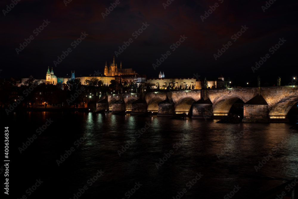  prague castle and charles bridge and st. vita church lights from street lights at night