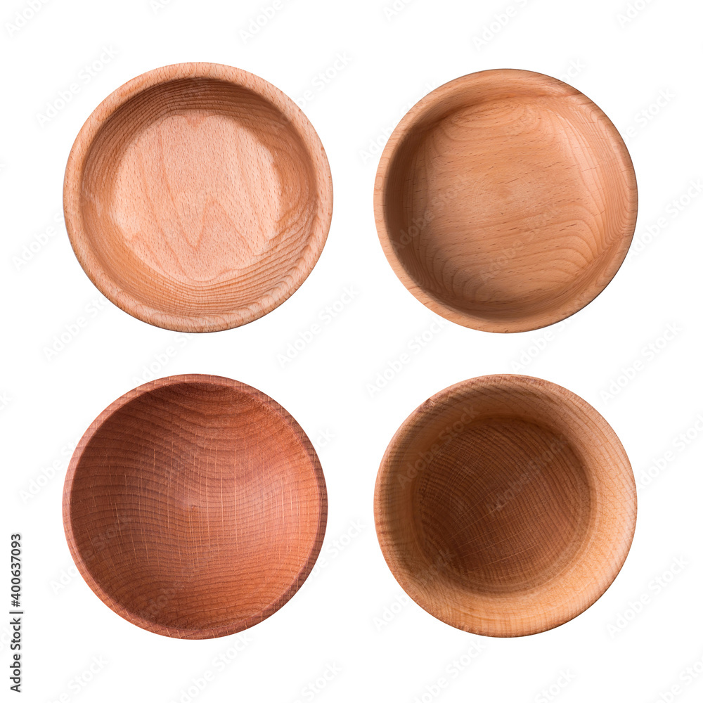 Set of wooden plates isolated on white background. View from above Set of wooden plates isolated on white background. View from above