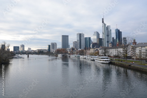 View on Frankfurts Skyline  seen from a bridge over the river Main