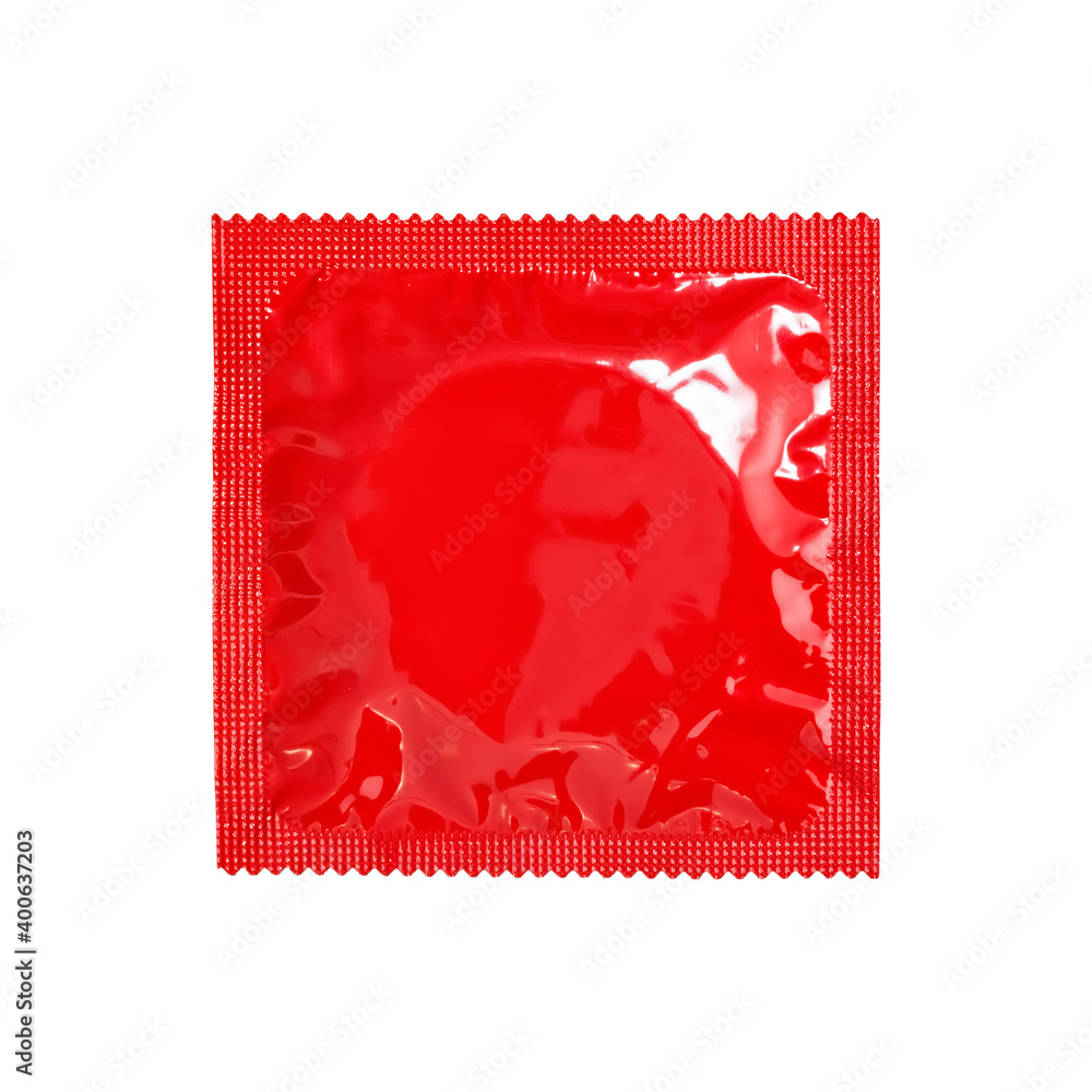 Condom in red package isolated on white background Condom in red package isolated on white background