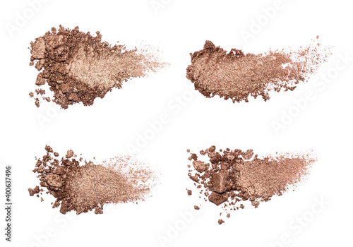 Set of eyeshadow sample isolated on white background. Crushed brown metallic eyeshadow. Closeup of a makeup product.
