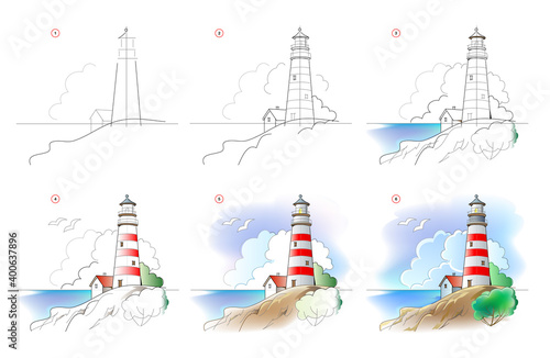 How to learn to draw sketch of landscape with lighthouse. Creation step by step watercolor painting. Educational page for artists. Textbook for developing artistic skills. Online education.