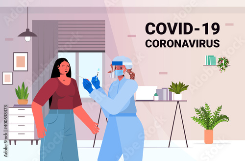 female doctor in mask taking swab test for coronavirus sample from businesswoman patient PCR diagnostic procedure covid-19 pandemic concept portrait horizontal vector illustration