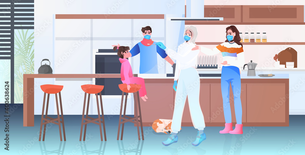 female doctor in mask taking swab test for coronavirus sample from little girl patient PCR diagnostic procedure covid-19 pandemic concept full length horizontal vector illustration