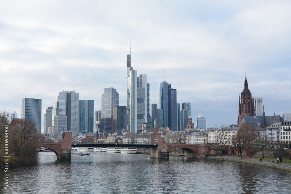 View on Frankfurts Skyline, seen from a bridge over the river Main View on Frankfurts Skyline, seen from a bridge over the river Main