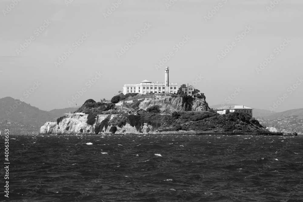 Alcatraz island in black and white