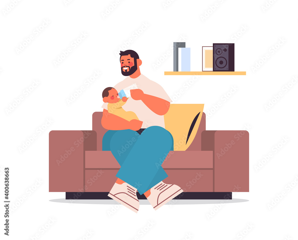 Fototapeta premium young father feeding little son with milk bottle fatherhood concept dad spending time with his kid full length horizontal vector illustration