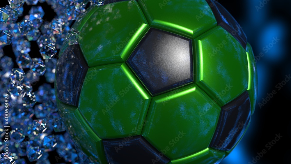 Naklejka premium Green-Black Soccer Ball with diamond particles under blue flare lighting. 3D illustration. 3D CG. 3D high quality rendering.