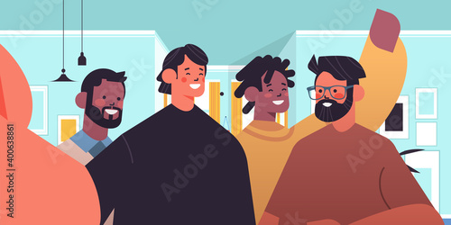 mix race men taking selfie on smartphone camera happy guys making self photo living room interior horizontal portrait vector illustration
