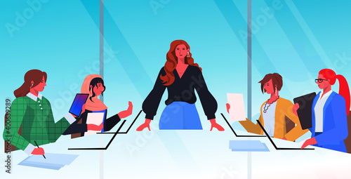 businesswoman leader discussing with businesspeople during conference meeting teamwork concept modern office interior horizontal portrait vector illustration