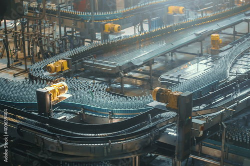 Conveyor belt, beer in bottles, brewery factory industrial production line