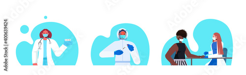 set doctors or scientists in masks holding covid-19 nasal swab and rapid laboratory tests coronavirus pandemic concept horizontal portrait vector illustration
