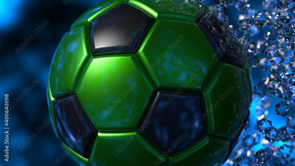 Naklejka premium Green-Black Soccer Ball with diamond particles under blue flare lighting. 3D illustration. 3D CG. 3D high quality rendering.