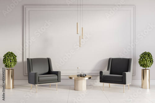 Minimalistic waiting room with two chairs