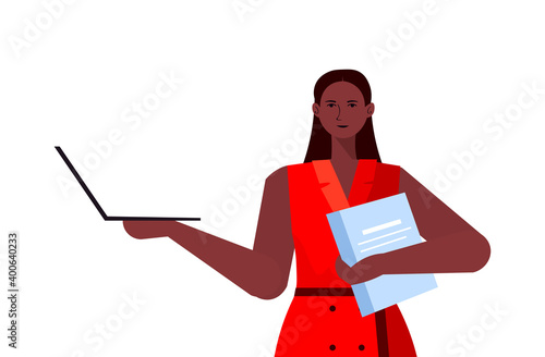 businesswoman leader in formal wear using laptop african american business woman leadership best boss concept female office worker portrait horizontal vector illustration