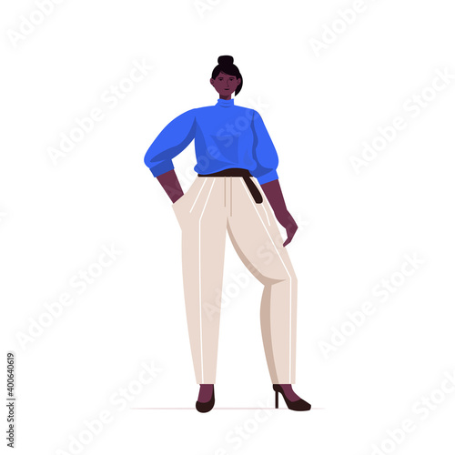 businesswoman leader in formal wear successful african american business woman standing pose leadership best boss concept female office worker full length vector illustration © mast3r