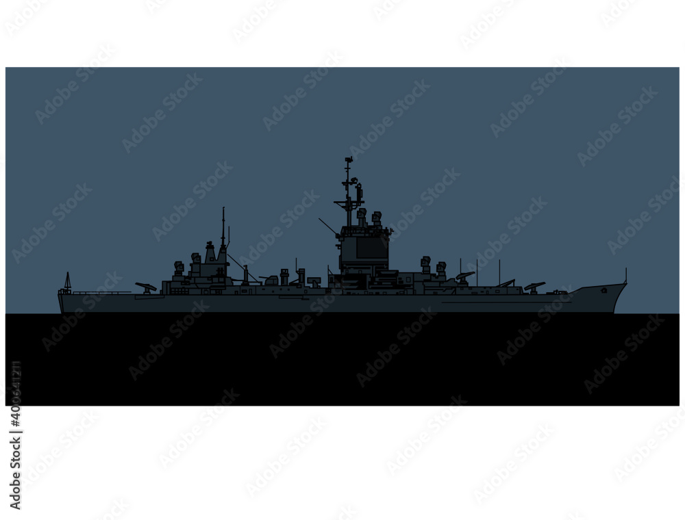 USS Long Beach. CGN 9. US Navy nuclear powered guided missile cruiser. Vector image for illustrations and infographics.
