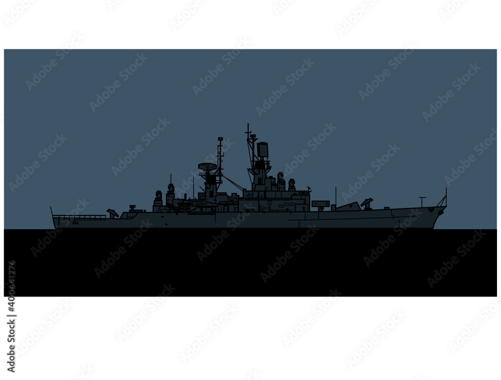 US Navy Leahy class guided missile cruiser. Vector image for illustrations and infographics.