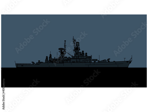 US Navy Leahy class guided missile cruiser. Vector image for illustrations and infographics.