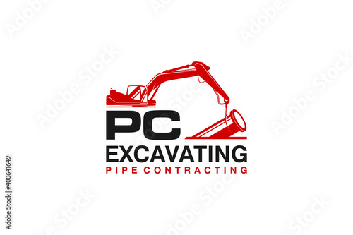 Excavator construction logo design, sawer work, excavator logo element heavy equipment work. pipe construction.