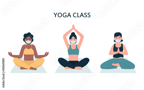 Yoga class. Set women in medical face protective masks.Young beautiful girls practicing yoga in lotus poses. Flat vector cartoon modern illustration isolated white background.