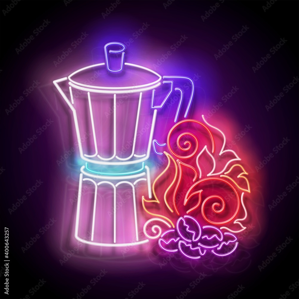 Glow Geyser Coffee Maker and Roasted on Fire Coffee Beans. Cafe Label, Morning Drink. Neon Poster, Flyer, Banner, Invitation. Glossy Background. Vector 3d Illustration Glow Geyser Coffee Maker and Roasted on Fire Coffee Beans. Cafe Label, Morning Drink. Neon Poster, Flyer, Banner, Invitation. Glossy Background. Vector 3d Illustration