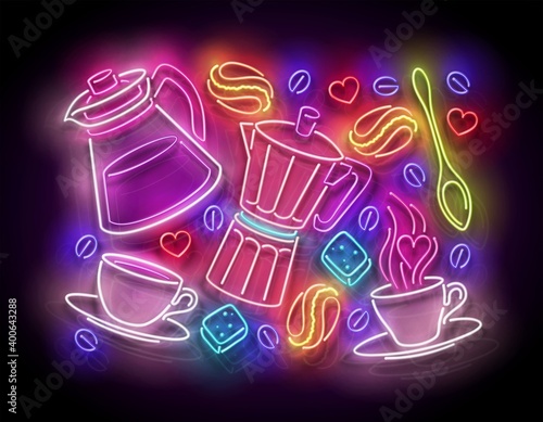 Glow Different Types of Coffee. Cafe Label. Cappuccino, Espresso, Americano, Turkish. Neon Poster, Flyer, Banner, Invitation. Glossy Background. Vector 3d Illustration