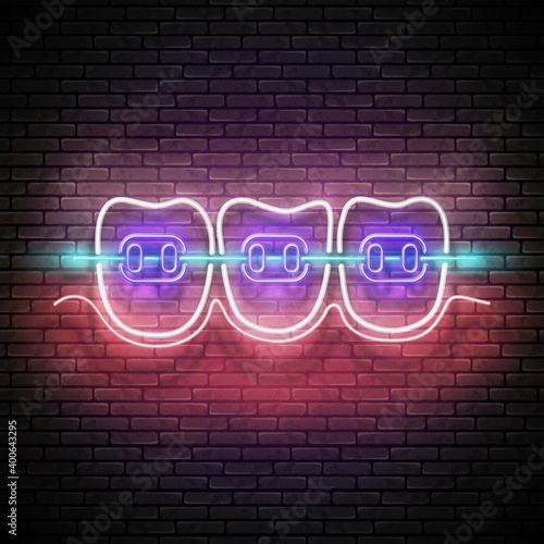 Glow Dentition with White Teeth and Braces. Orthodontic Clinic Concept Template. Neon Light Poster, Flyer, Banner, Signboard. Brick Wall. Vector 3d Illustration